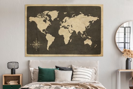 Peintures sur toile Wereldkaart - Rose des vents - Vintage - 150x100 cm - Décoration murale