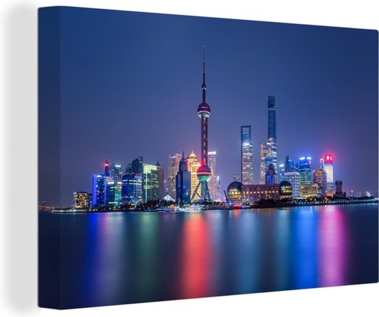 Canvas schilderij 150x100 cm - Wanddecoratie Skyline - Licht - Water - Shanghai - Muurdecoratie woonkamer - Slaapkamer decoratie - Kamer accessoires - Schilderijen