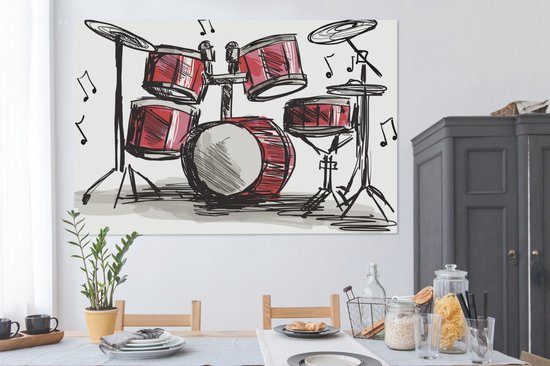 Canvas schilderij 180x120 cm - Wanddecoratie Illustratie van een tekening van een drumstel - Muurdecoratie woonkamer - Slaapkamer decoratie - Kamer accessoires - Schilderijen op canvas