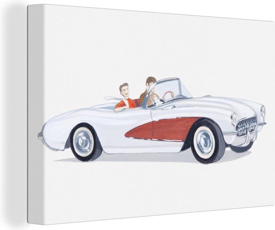 Canvas Schilderij Illustratie van twee passagiers in een open Chevrolet Corvette sportauto uit de jaren '50 - 60x40 cm - Wanddecoratie
