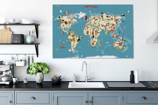 Canvas Wereldkaart - 140x90 - Wanddecoratie Wereldkaart Kinderen - Aarde - Symbolen