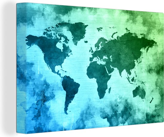 Wereldkaart avec peinture bleue qui passe au vert sur fond avec motif texturé 60x40 cm