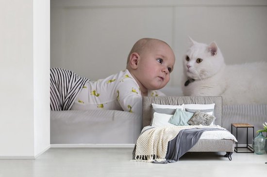 prototype controleren Expertise Behang - Fotobehang - Baby kijkend naar een witte kat op een bed - Breedte  420 cm x... | bol.com