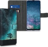 kwmobile telefoonhoesje voor Samsung Galaxy M21 - Hoesje met pasjeshouder in blauw / grijs / zwart - Sterrenstelsel en Boom design