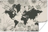 Poster Wereldkaart - Bloemen - Grijs - 30x20 cm
