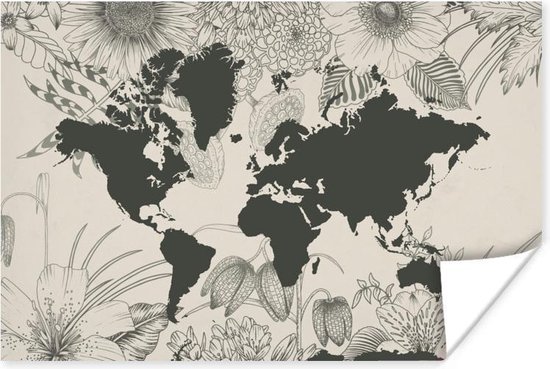 Carte du monde gris foncé décorée d'illustrations de fleurs 30x20 cm