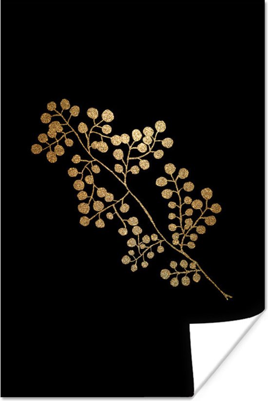 Branche à feuilles rondes dorées sur fond noir 80x120 cm