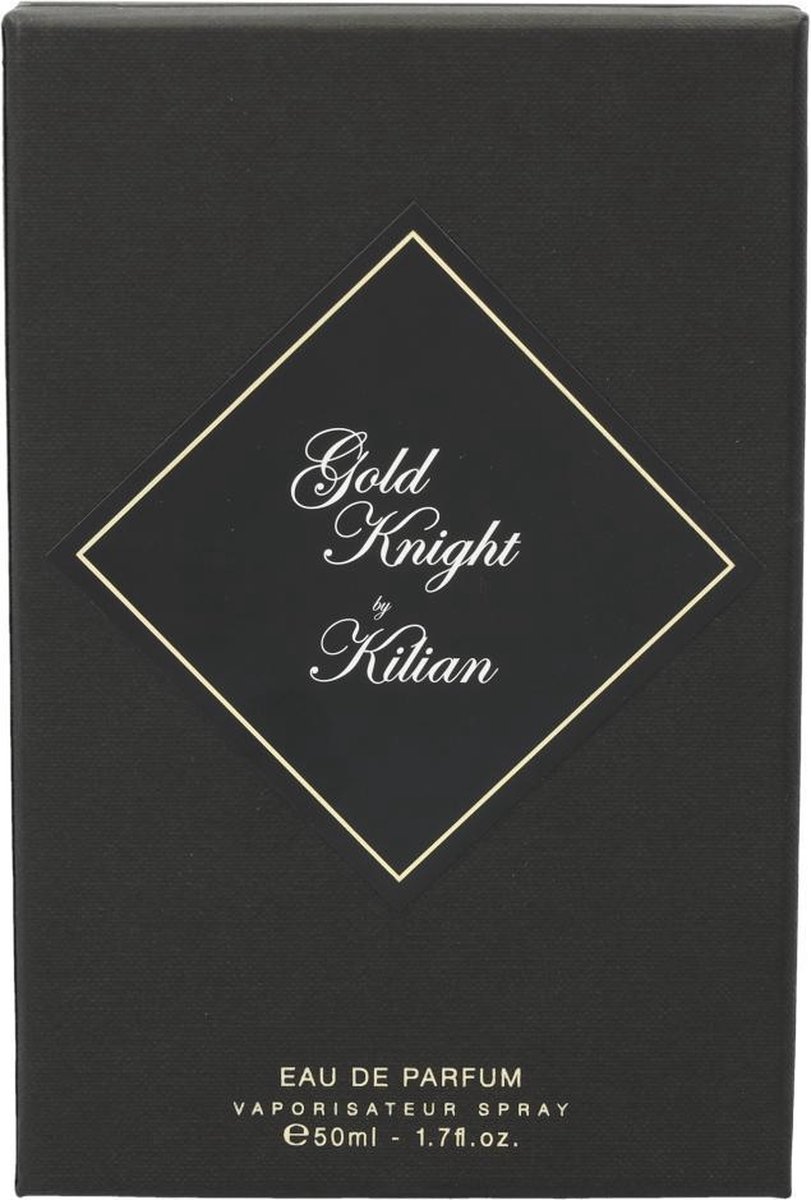 Rechthoekige parfumfles met gouden dop, zwart label en transparante zijkanten.