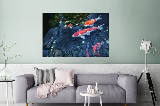 Poster Quatre carpes koï dans un étang 180x120 cm - Tirage photo sur Poster (décoration murale salon / chambre) / Poster Animaux sauvages XXL / Groot format!