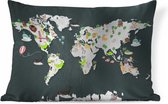 Sierkussens - Kussen - Wereldkaart met illustraties van planten en dieren - 60x40 cm - Kussen van katoen