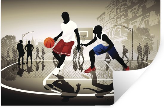 Muurstickers - Sticker Folie - Een illustratie van twee spelende basketballers op straat - 60x40 cm - Plakfolie - Muurstickers Kinderkamer - Zelfklevend Behang - Zelfklevend behangpapier - Stickerfolie