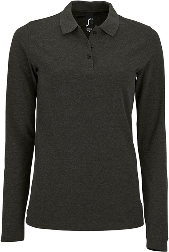 Polo à manches longues pour femme gris anthracite avec boutons, vue de face.
