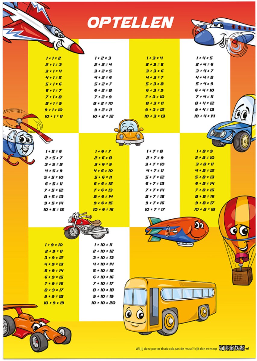 Educatieve poster (Posterpapier) - Rekenen optellen cars & planes geel - 50 x 70 cm (B2)