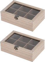 2x stuks houten theedoos/theekist met 6 vakken 24 x 16 x 7 cm