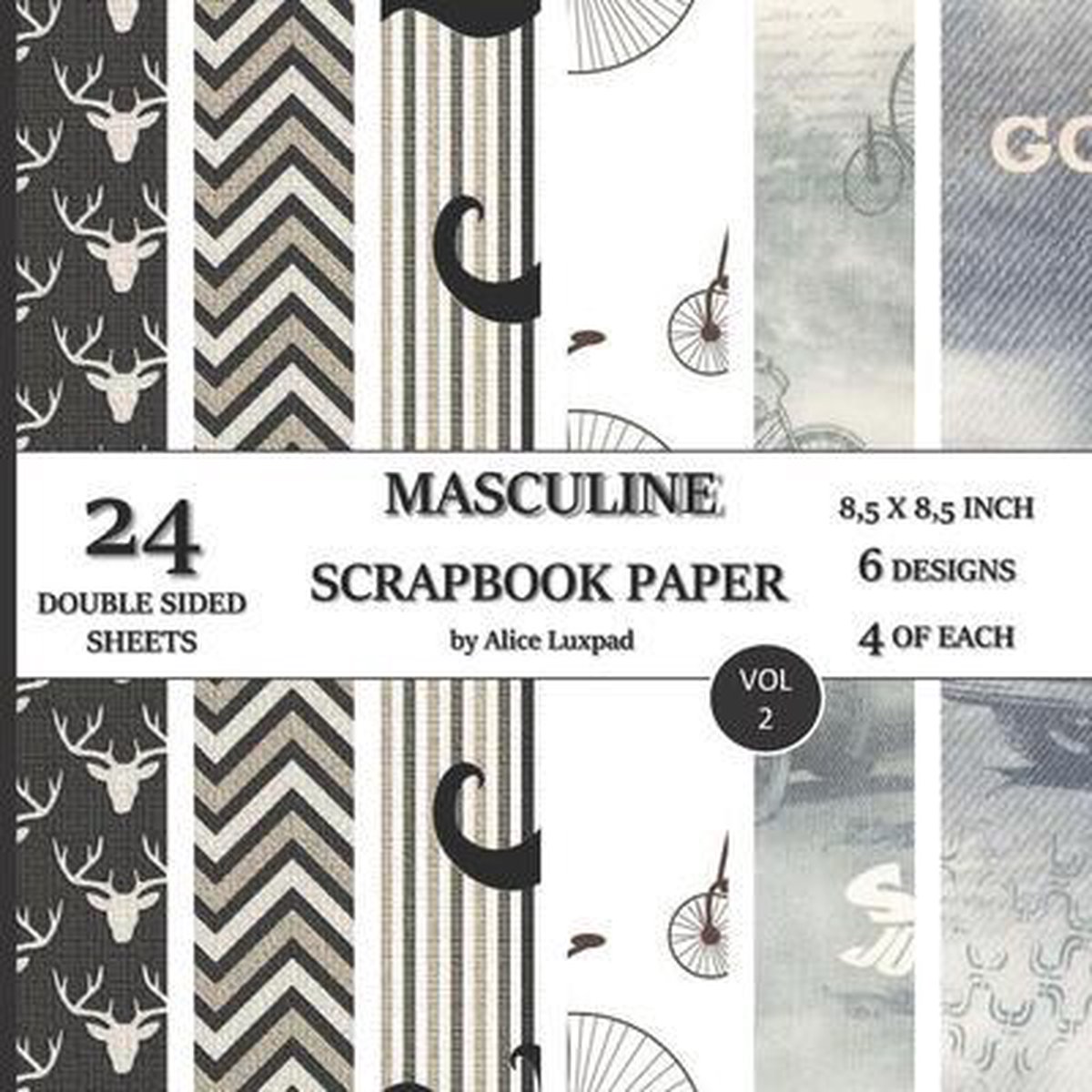 Masculine Scrapbook Paper 24 double sided sheets 8,5x8,5 inch 6 designs 4  of each;