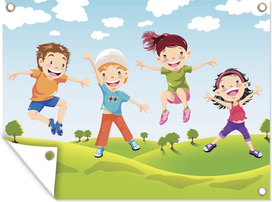 Tuinschilderij Illustratie van kinderen uit een familie die springen - 80x60 cm - Tuinposter - Tuindoek - Buitenposter