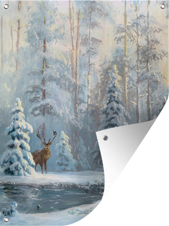 Schilderij van een hert in een winters bos