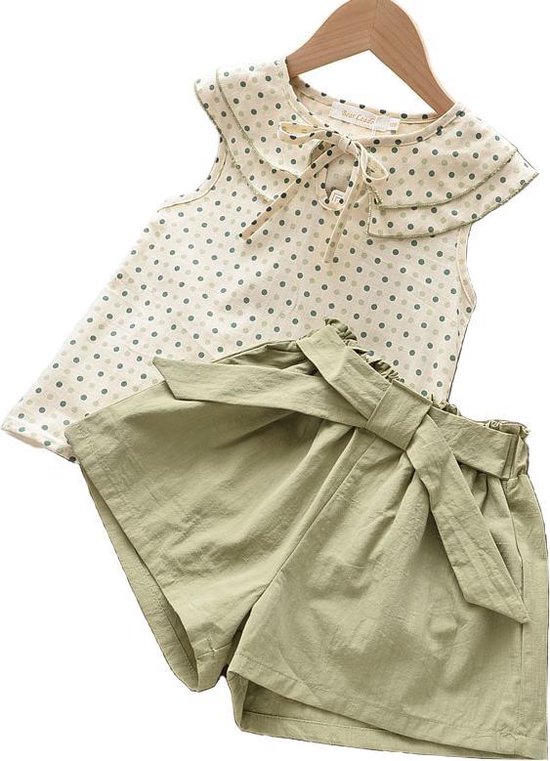 Korte broek meisjes met stipjes top – Shorts meisje groen met top –  [Leeftijd ca. 2 – 3 jaar] - set van 2