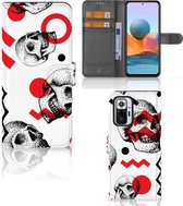 Coque Xiaomi Redmi Note 10 Pro PU Cuir Premium Flip Case pour Crâne Rouge