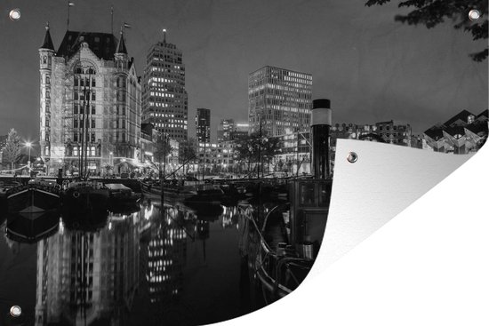 De Oudehaven van Rotterdam tijdens de nacht - zwart wit - Tuindoek