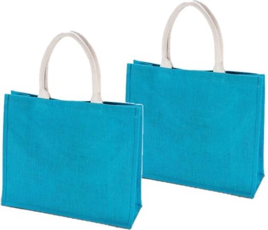 2x stuks jute turquoise blauwe boodschappentassen 42 cm - Shoppers