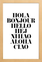 JUNIQE - Poster met houten lijst Hellos talen -13x18 /Wit & Zwart