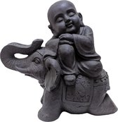 Shaolin monniken beeld – Donker grijs shaolin monnik op olifant 44 cm | Inspiring Minds