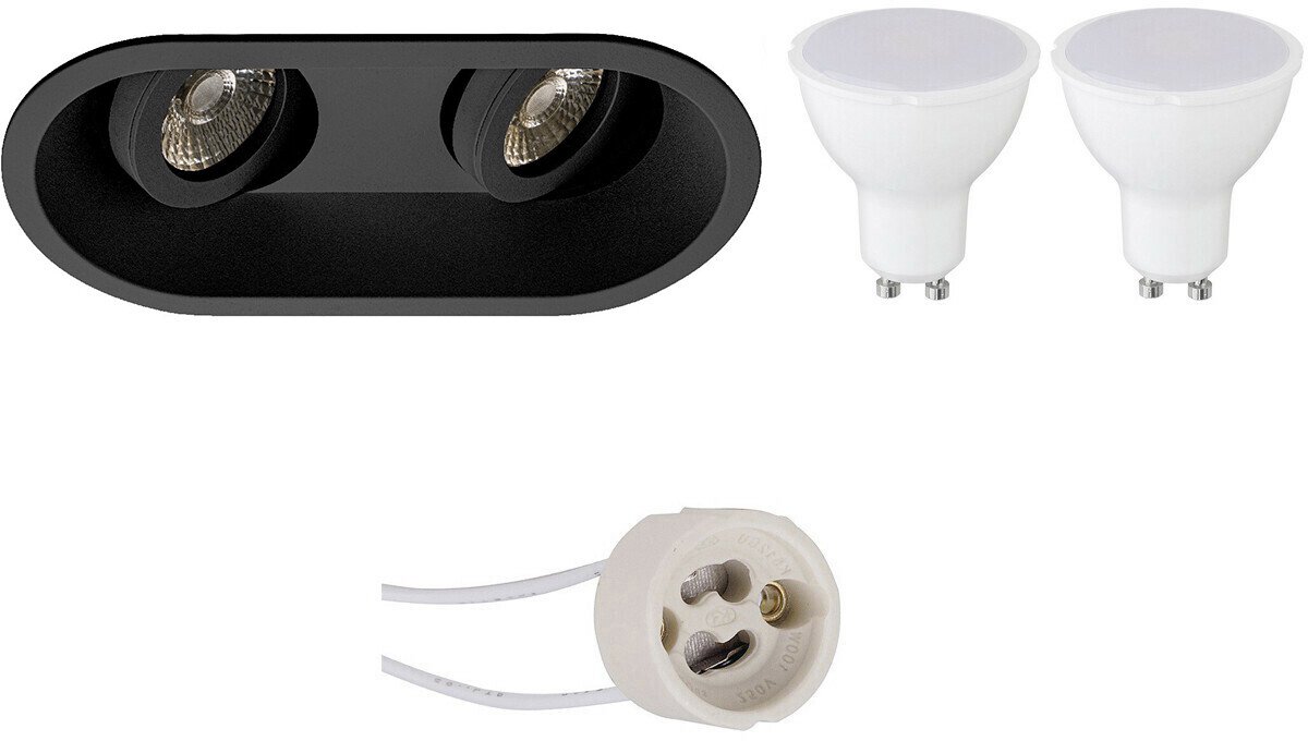 GU10 Inbouwspot Set - Mat Zwart - Kantelbaar - Pragmi Zano Pro - Inbouw Ovaal Dubbel - 4W - Warm Wit 3000K - 185x93mm