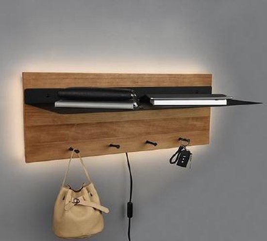 Wandkapstok Samantha hout en metaal met LED verlichting - Zwarte haken