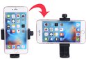 Illustratie die smartphonehouder toont, verticaal en horizontaal, met pijl.
