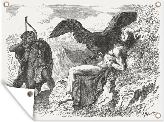 Tuinschilderij Een illustratie van Hercules die Prometheus bevrijdt - 80x60 cm - Tuinposter - Tuindoek - Buitenposter