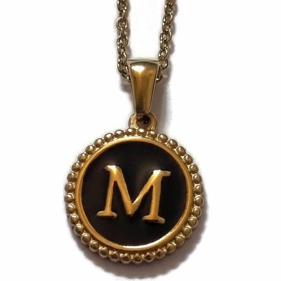 Aramat jewels -ketting-letter m- chirurgisch staal - zwart - goudkleurig-45cm - dames- rond