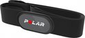 Zwarte Polar hartslagborstband met grijze sensor, witte opdruk "POLAR" met rode stip.