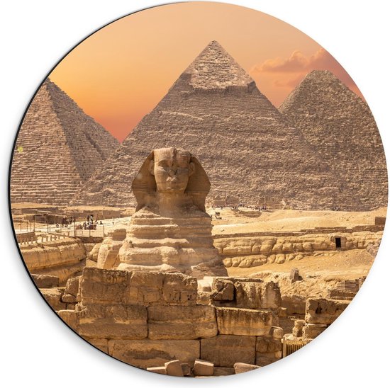 Dibond Wandcirkel - The Sphinx Beeld voor Piramides in Egypte - 30x30cm Foto op Aluminium Wandcirkel (met ophangsysteem)
