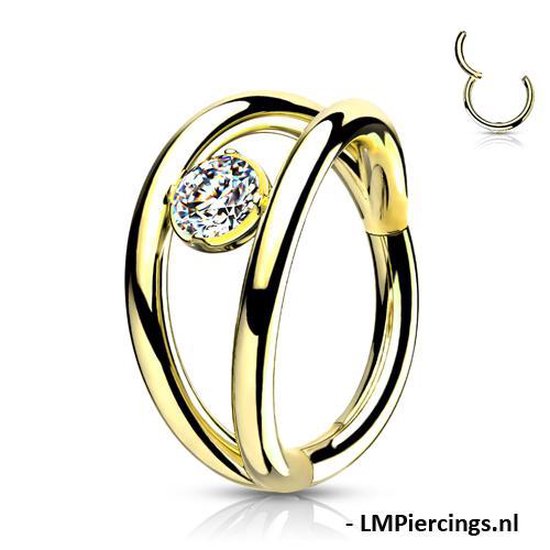 Piercing High Quality Double Hoop met CZ steen gold plated