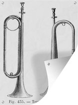 Tuinschilderij Illustratie met twee gedetailleerde trompetten in zwart-wit - 60x80 cm - Tuinposter - Tuindoek - Buitenposter