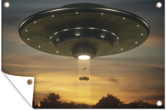 Muurdecoratie Een illustratie van een UFO die een auto omhoog straalt - Jongens - Meisjes - Kinderen - Kindje - 180x120 cm - Tuinposter - Tuindoek - Buitenposter