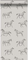 ESTAhome behang getekende paarden donker beige - 128808 - 53 cm x 10.05 m