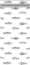 ESTAhome behang pentekening vissen wit en zwart - 138967 - 0.53 x 10.05 m