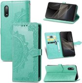 Voor Sony Xperia Ace II Mandala Bloem Reliëf Horizontale Flip Lederen Case met Beugel / Kaartsleuf / Portemonnee / Lanyard (Groen)