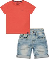 Koko Noko BIO Basics Set(2delig) Jeans Short NILS en Shirt Neon coral - Maat 74/80