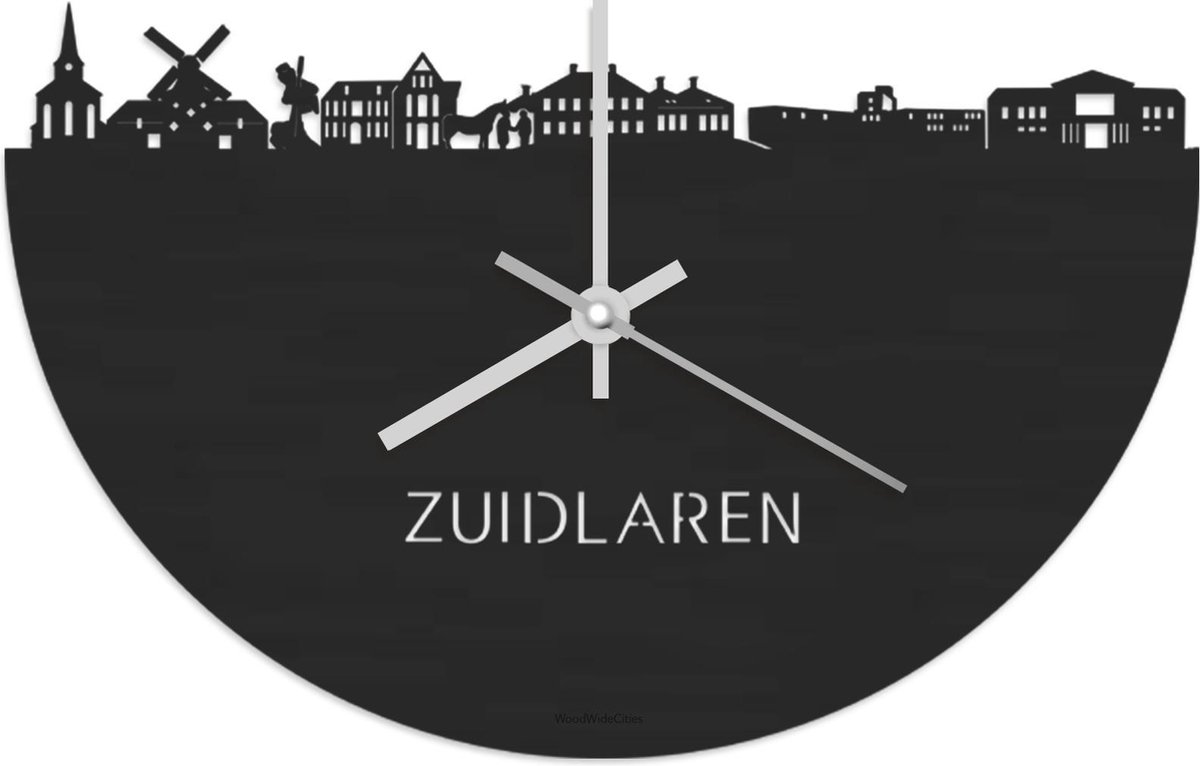 Skyline Klok Zuidlaren Zwart hout - Ø 40 cm - Stil uurwerk - Wanddecoratie - Meer steden beschikbaar - Woonkamer idee - Woondecoratie - City Art - Steden kunst - Cadeau voor hem - Cadeau voor haar - Jubileum - Trouwerij - Housewarming -