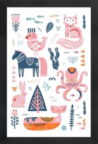 JUNIQE - Poster met houten lijst Patchwork Animals -13x18 /Roze & Wit