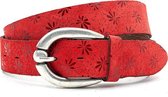 Jeansriem rood met bloemenprint 4 cm breed - Rood - Sportief - Echt Leer - Taille: 95cm - Totale lengte riem: 110cm