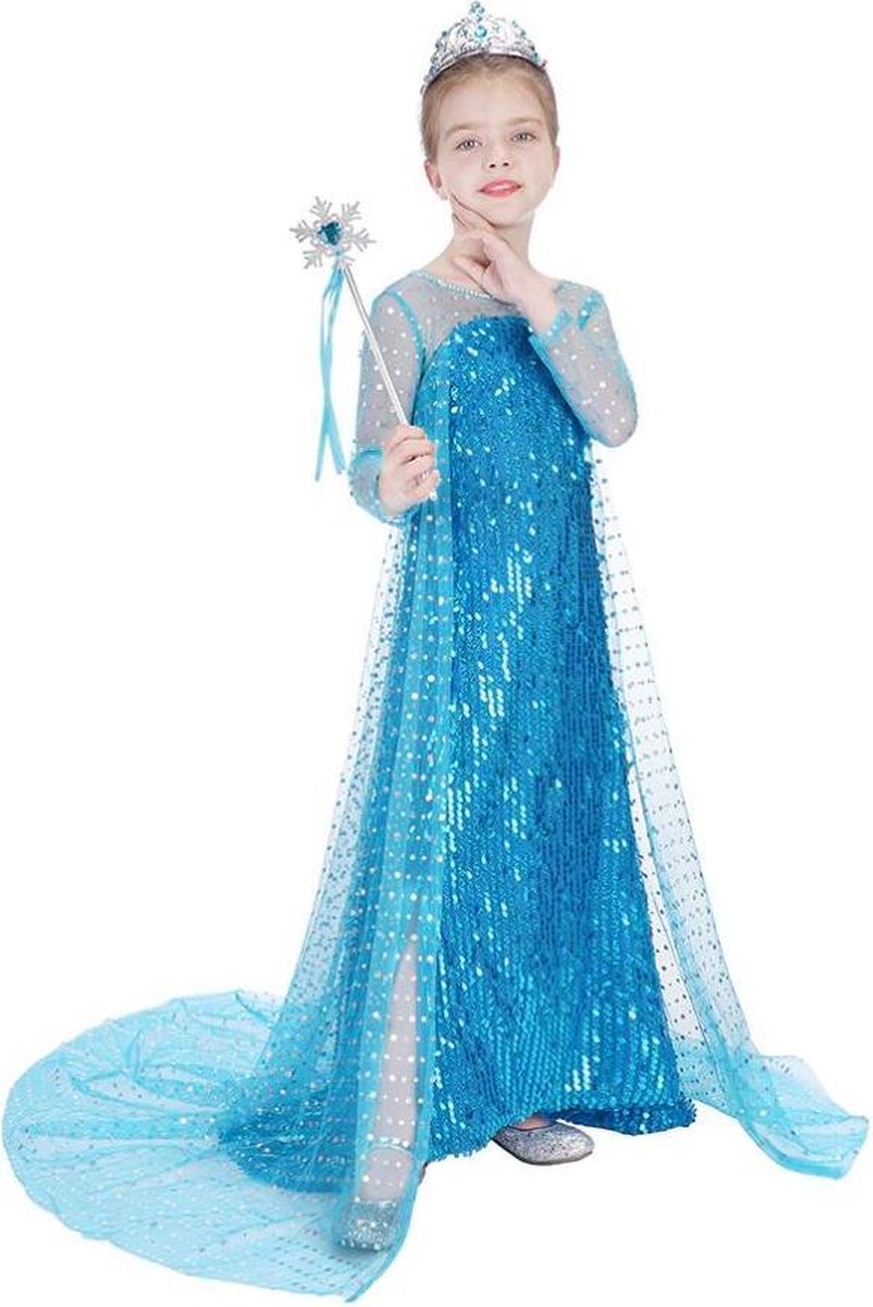 AUYAO Elsa-kostuum, Elsa jurk voor kinderen, prinsessenkostuum, Elsa cosplay, prinses, lange mouwen, ijskoninginnen, kostuum, toverstaf, Kerstmis, carnaval, Halloween, Blauw, 120 cm