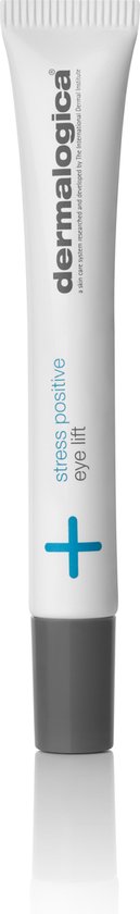 Dermalogica Stress Positive Eye Lift oogcrème tube met grijze dop op een witte achtergrond.