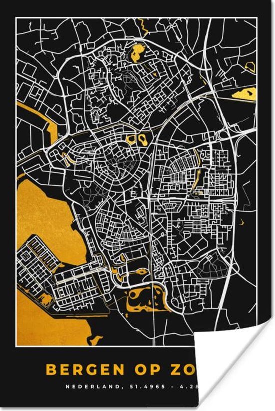 Poster Stadskaart - Bergen op Zoom - Goud - Zwart - 60x90 cm - Plattegrond