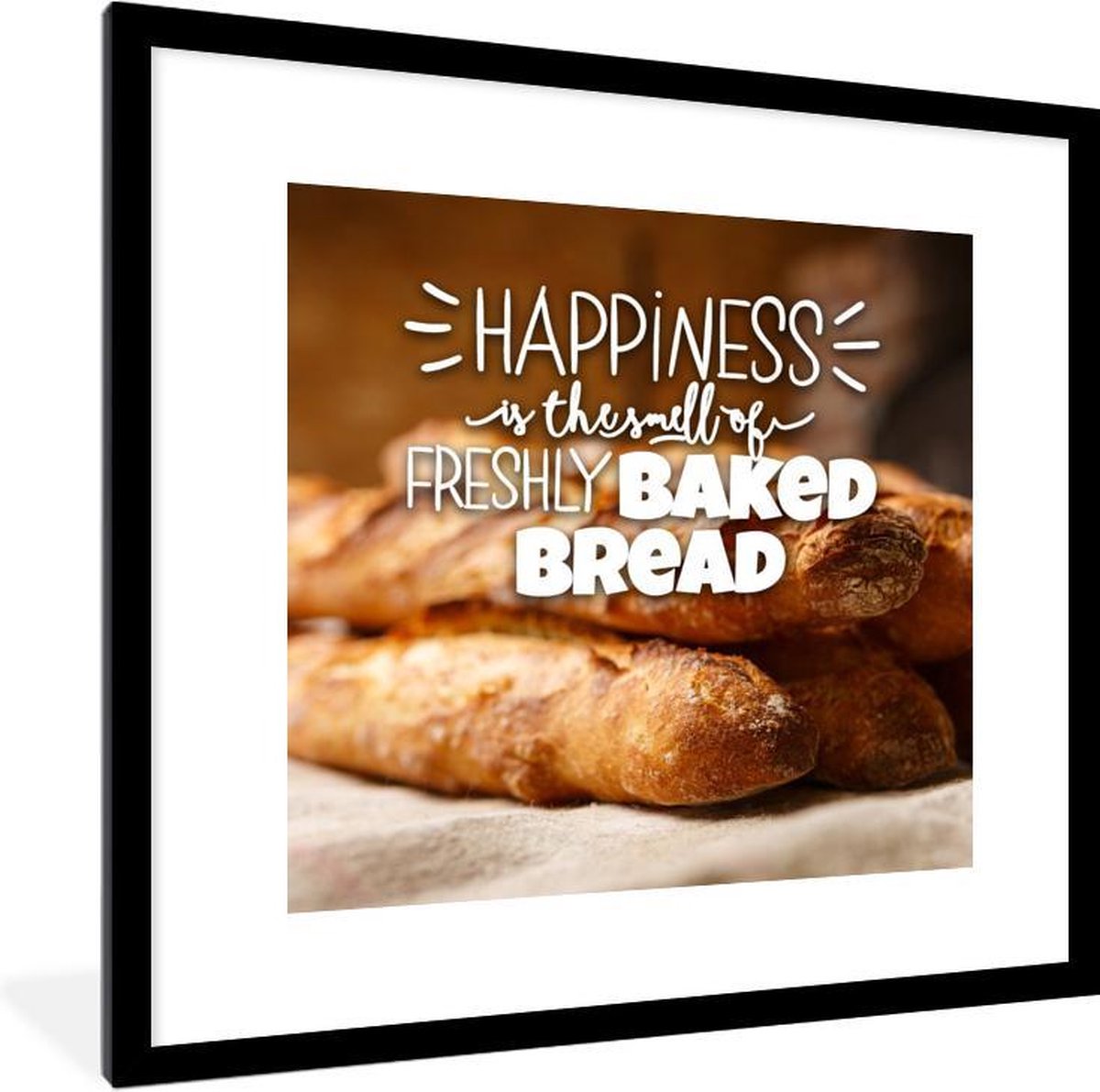 Quote voor thuis 'Happiness is the smell of freshly baked bread' met een achtergrond...
