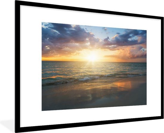 Image encadrée - Cadre photo Sunset over the sea of Jamaica noir avec passe-partout blanc 60x90 90x60 cm - Affiche encadrée (Décoration murale salon / chambre) / Sea and Beach