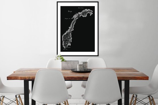 Photo encadrée - Carte Zwart et blanc des montagnes et plans d'eau en Norvège Cadre photo 60x80 cm - Affiche encadrée (Décoration murale salon / chambre)